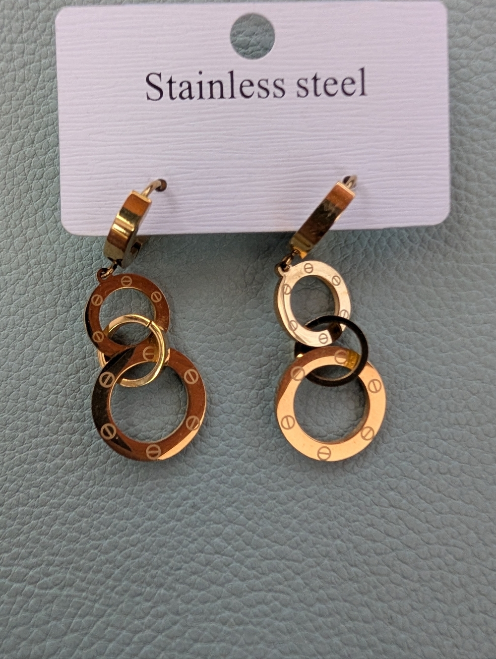 Stainless Steel Gold Tone Interlocking Circle Drop Earrings